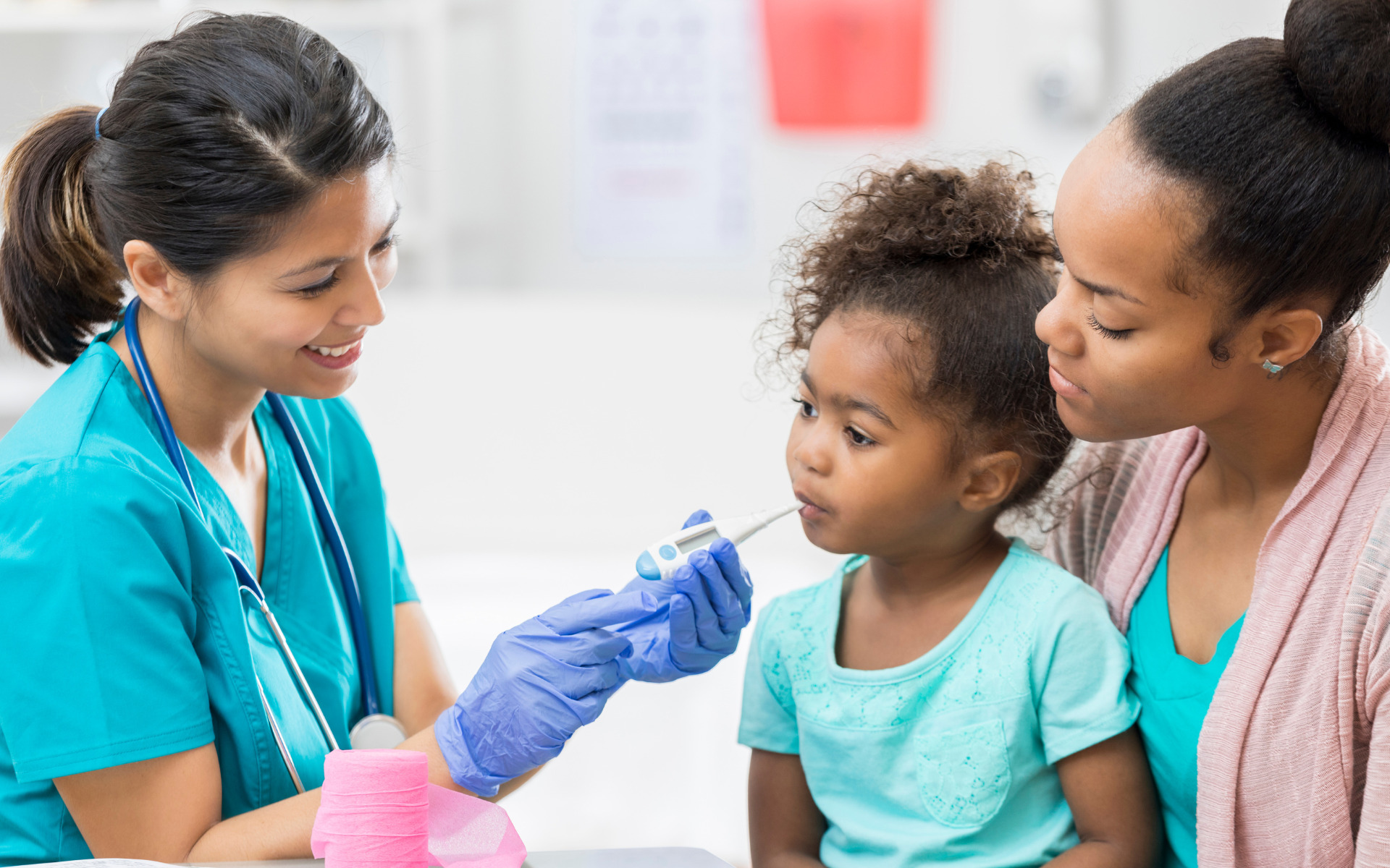 A nurse checking on a mother and her daughter in their Burtonsville, MD home.